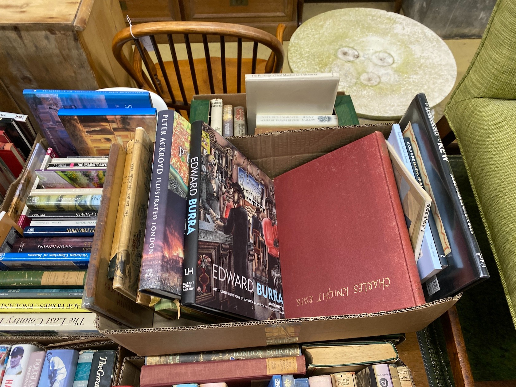 Seven boxes of assorted books, sporting history, English architecture and fine art related